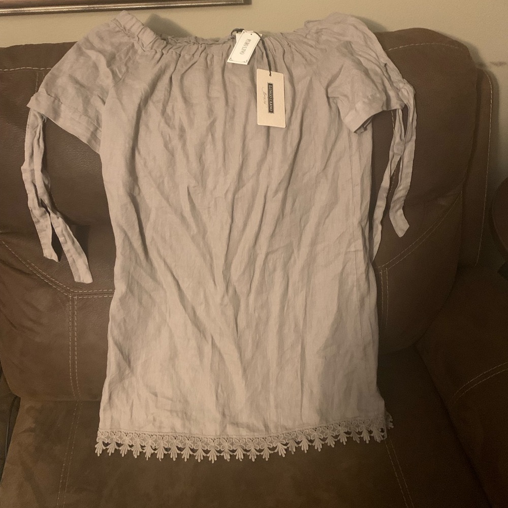 Tan Off-Shoulder Dress w/ Crochet Hem